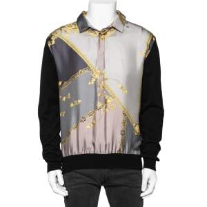 Versace Collection Black Knit & Baroque Printed Silk Paneled Button Front Pullover L
