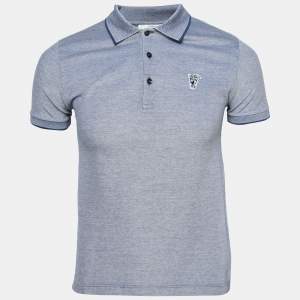 Versace Collection Blue Cotton Pique Logo Detail Polo T-Shirt S