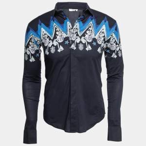 Versace Collection Navy Blue Printed Cotton Button Front Shirt S