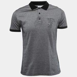 Versace Collection Grey Logo Embroidered Cotton Contrast Trim Polo T-Shirt S