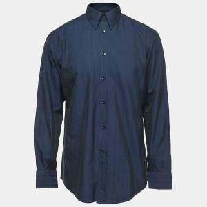Versace Collection Navy Blue Patterned Cotton Blend Full Sleeve Shirt XL