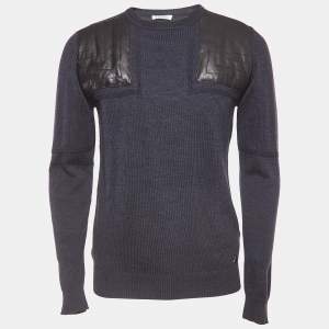 Versace Collection Navy Blue Wool Leather Trimmed Jumper L