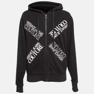 Pre Owned Versace Jeans Couture Black Logo Print Cotton Knit Zip-Up Hoodie S