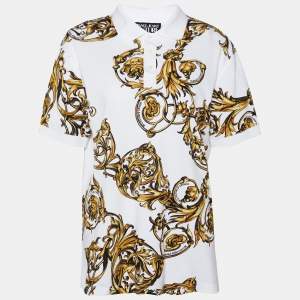 Pre Owned Versace Jeans Couture White Baroque Printed Cotton Pique Polo T-Shirt M