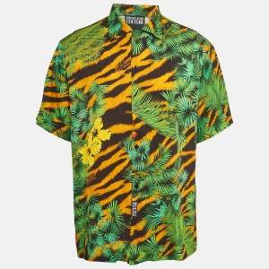 Pre Owned Versace Jeans Couture Green Jungle Print Crepe Short Sleeve Shirt XL