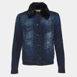 Versace Jeans Blue Jacquard Denim Detachable Fur Collar Jacket XL