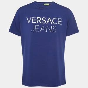 Pre Owned Versace Jeans Blue Logo Printed Cotton Jersey Crew Neck T-Shirt XXXL