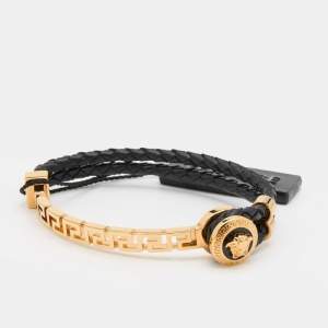 Versace Black Braided Leather Gold Tone Medusa Bracelet
