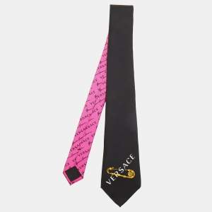 Versace Black & Pink Safety Pin Printed Silk Skinny Tie