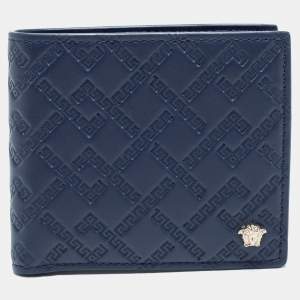 Versace Blue Greca Embossed Leather Bifold Wallet