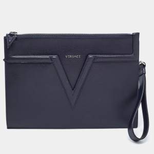 Versace Navy Blue Leather V Logo Wristlet Pouch