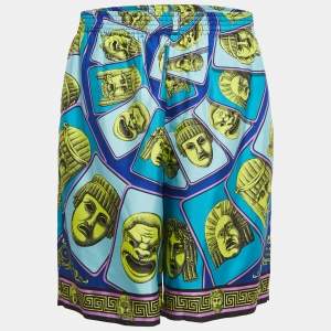 Versace Blue/Multicolor Mask Foulard Print Silk Shorts XL