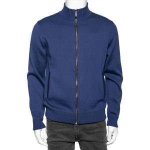 Versace Blue Wool & Leather Medusa Appliqued Zip Front Jacket S 