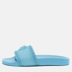 Versace Light Blue Rubber Pool Flat Slides Size 44