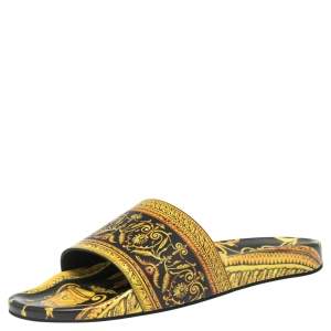 Versace Yellow/Black Baroque Print Rubber Flat Slides Size 41.5