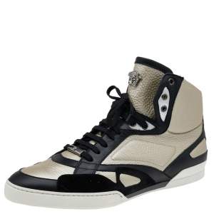 Versace Light Gold/Black Leather and Suede High Top Sneakers Size 45