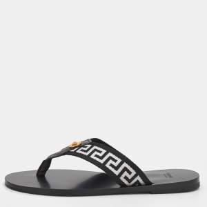 Versace Black/White Leather And Fabric Flat Slide Greca Sandals Size 43