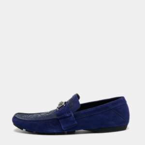 Versace Blue Embossed Leather and Suede Medusa Loafers Size 45