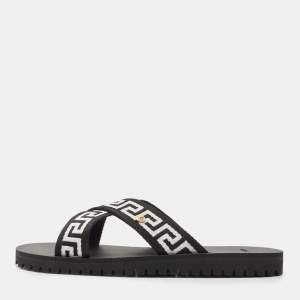  Versace Black/ White  Canvas Nastro Greca Cross Strap Sandals Size 45