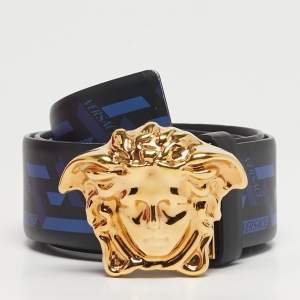 Pre Owned Versace Black/Blue La Greca Print Leather Medusa Head Belt 95CM