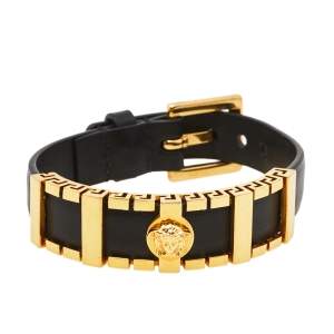 Versace Black Leather Medusa Plaque Wrap Bracelet