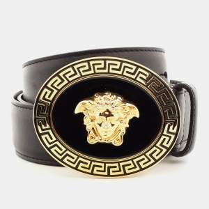 Pre Owned Versace Black Leather Medusa Buckle Belt 105CM