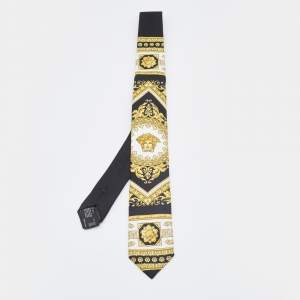 Pre Owned Versace Black & Gold Medusa Barocco Print Silk Tie