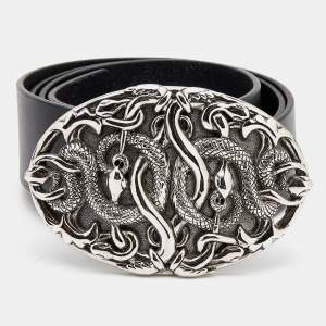 Pre Owned Versace Black Leather Snake Buckle Belt 95CM