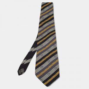 Pre Owned Gianni Versace Vintage Navy Blue & Grey Printed Silk Traditional Tie