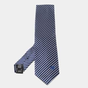 Versace Dark Blue Contrast Diagonal Striped Silk Tie