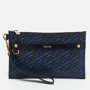 Versace Blue/Black La Greca Printed Coated Canvas and Leather Wristlet Pouch