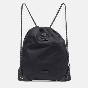 مملوكة مسبقًا Versace La Medusa Black Nylon Drawstring Backpack