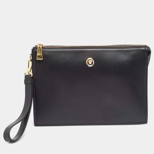Versace Black Leather Logo Wristlet Zip Pouch