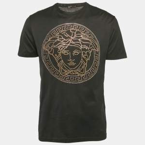 Versace Black Medusa Stud Embellished Cotton Crew Neck T-Shirt L