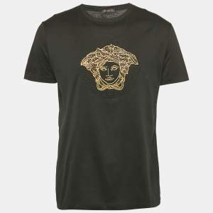 Versace Black Medusa Embroidery Studded Cotton Crew Neck T-Shirt L