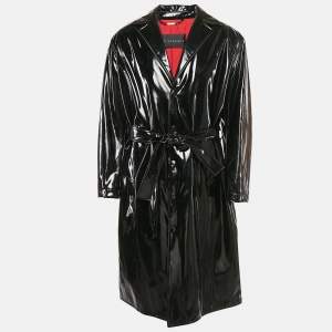 Versace Black Coated Cotton Button Front Belted Overcoat L