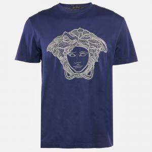 Versace Blue Medusa Embroidered Jersey Crewneck T-Shirt L