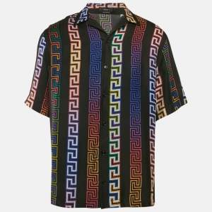 Versace Black Greek Key Print Silk Half Sleeve Shirt L