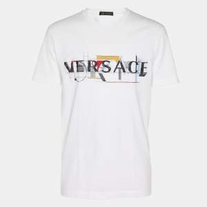 Pre Owned Versace White Logo Embroidered Jersey T-Shirt L