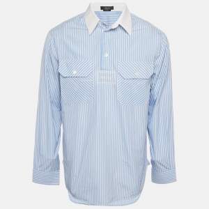 مملوكة مسبقًا Versace Blue & White Striped Cotton College Fit Shirt S