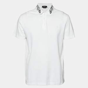 مملوكة مسبقًا Versace White Floral Embroidered Collar Pique Polo T-Shirt XXL