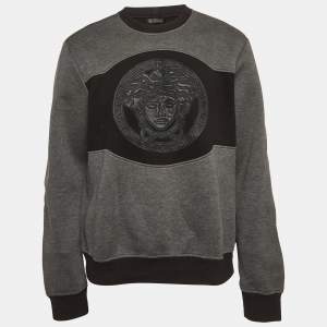 Pre Owned Versace Grey Medusa Leather Trim Neoprene Sweatshirt L