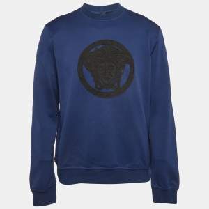 Pre Owned Versace Blue Medusa Leather Trim Knit Crewneck Sweatshirt XL