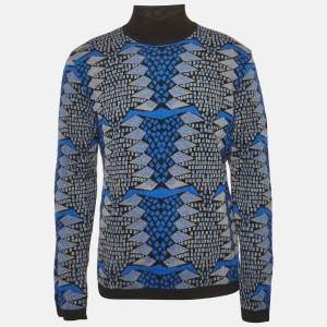 Pre Owned Versace Blue Intarsia Wool Knit Turtle Neck Sweater XL