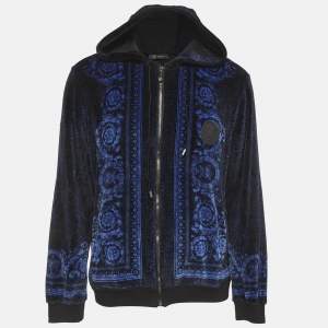 Pre Owned Versace Blue Jacquard Velvet Leather Trim Zip Front Hoodie L