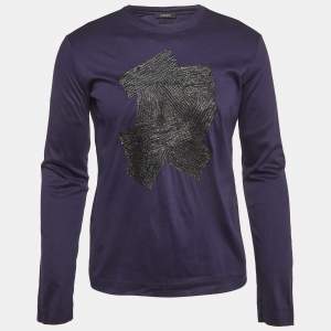 Pre Owned Versace Nacvy Blue Leather Applique Jersey T-Shirt M