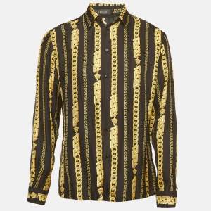 Pre Owned Versace Black Medusa Chain Pinstripe Silk Button Up Shirt L