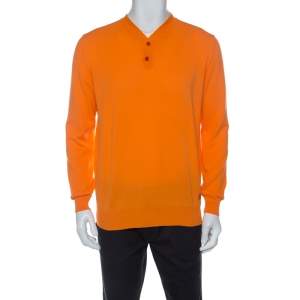Pre Owned Versace Orange Cotton Knit V neck Buttoned Collar Sweater XXL