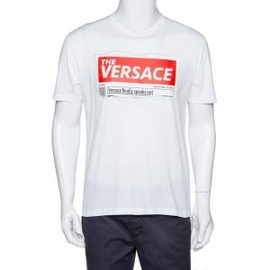 Pre Owned Versace White Cotton Logo Graphic Print Crew Neck Fitted T Shirt L 