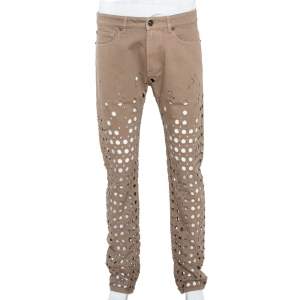 Versace Beige Denim Perforated Straight Leg Jeans L